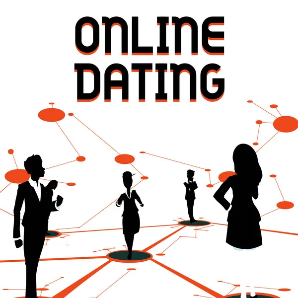 Conceptual caption Online Dating. Business overview Searching Matching Relationships eDating Video Chatting Several Team Members Standing Separate Thinking Connected Lines On Floor. — Fotografia de Stock