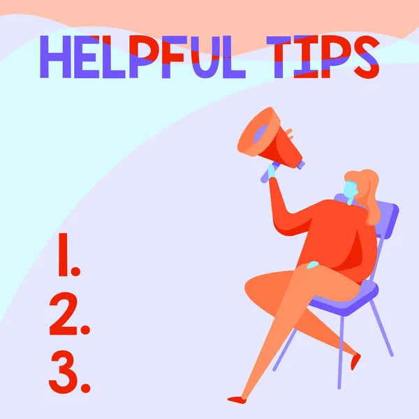 Sign displaying Helpful Tips. Internet Concept Useful secret Information Advice given to accomplish something Woman Drawing Holding Megaphone Sitting On A Chair Crossed Legs. — Foto Stock