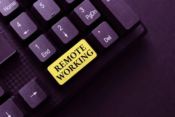 Text showing inspiration Remote Working. Internet Concept style that allows professionals to work outside of an office Typing Online Class Review Notes, Abstract Retyping Subtitle Tracks — Stockfoto