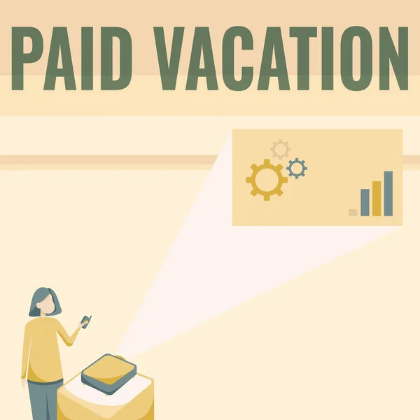 Writing displaying text Paid Vacation. Business idea Sabbatical Weekend Off Holiday Time Off Benefits Lady Standing Holding Projector Remote Control Presenting Graph Growth. — Stockfoto