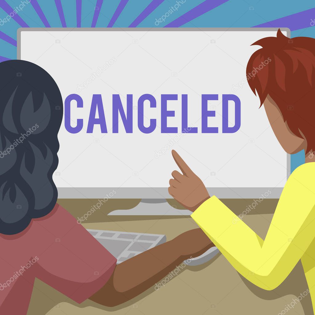 Text sign showing Canceled. Business idea to decide not to conduct or perform something planned or expected Couple Drawing Using Desktop Computer Accomplishing Their Work.