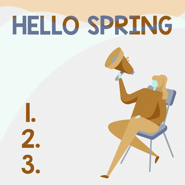 Konceptvisning Hej våren. Ord för att välkomna säsongen efter vintern Blomning av blommor Kvinna Ritning Holding Megaphone sitter på en stol Crossed Legs. — Stockfoto