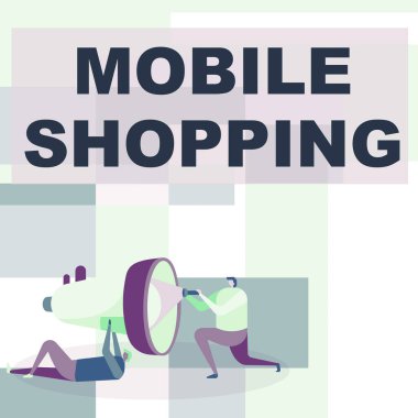 Metin görüntüleme mobil alışverişi yazılıyor. El feneriyle megafonu onarmaya yardım eden bir cep telefonu işçisi kullanılarak yürütülen ticari ürün satın alma kavramı.