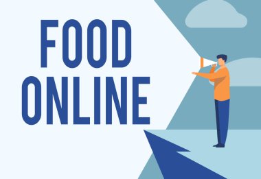 İnternetteki el yazısı tabelası. Bir web sitesinde kurulan kavramsal fotoğraf çeşitliliği doğrudan mağaza işadamı çizimi ile sunulan Uçurumda duran megafonu kullanarak duyuru yapan.