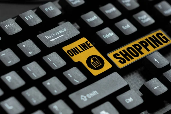 Ispirazione mostrando segno Shopping online. Business approccio e-commerce che consentono al consumatore di acquistare beni utilizzando Internet Dattilografia Istruzioni di cottura e liste degli ingredienti, Fare Online Food Blog — Foto Stock