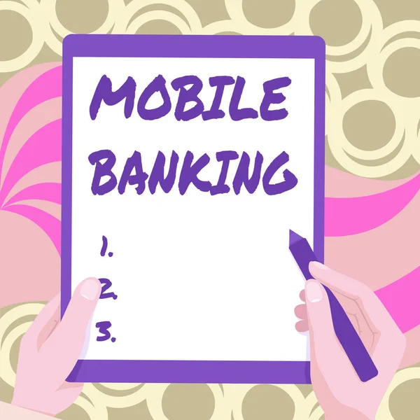 Text med presentation av Mobile Banking. Affärsidé att skapa finansiella transaktioner med hjälp av smartphone Ritning av båda händerna Holding Tablet Lightly Presentera underbara idéer — Stockfoto