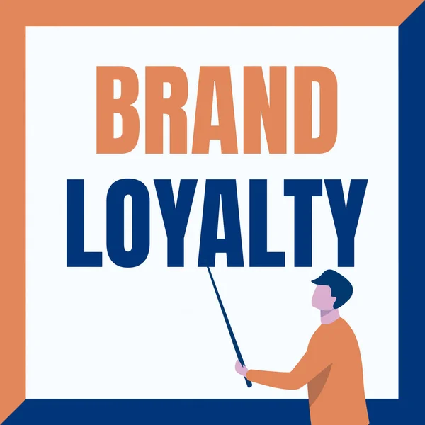 Handschrift teken Brand Loyalty. Business idee positieve gevoelens voor een merk en koop hetzelfde product Instructeur Drawing Holding Stick Pointing Board Toont nieuwe lessen. — Stockfoto