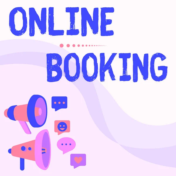 Hand writing sign Online Booking. Internet Concept allows consumers to reserve for activity through the website Megaphones Drawing Giving Positive Comments Making Announcement — Fotografia de Stock