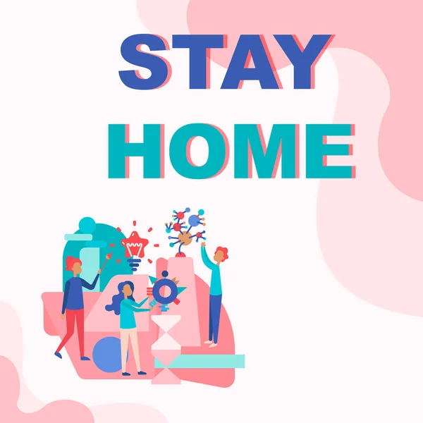 Writing displaying text Stay Home. Internet Concept not go out for an activity and stay inside the house or home Three Collagues Illustration Practicing Hand Crafts Together. — Foto Stock