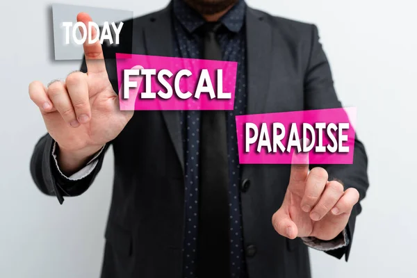 Hand writing sign Fiscal Paradise. Business showcase The waste of public money is a great concern topic Presenting New Plans And Ideas Demonstrating Planning Process — Foto Stock