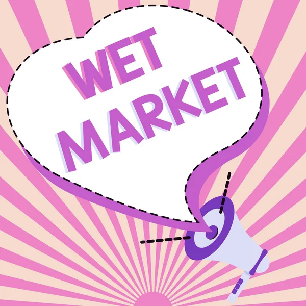 Wet Market 에 서명하 세요. 신선 한 생선 제품을 판매하는 비즈니스 아이디어 시장 과새로운 발표를 하는 거대 한 메가폰 의장의 삽화 (Illustration of A Loud Megaphone Speaker Making New Annannouncement) — 스톡 사진