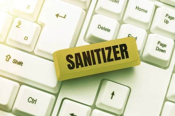 Text sign showing Sanitizer. Business concept liquid or gel generally used to decrease infectious agents Typing Employment Agreement Sample, Transcribing Online Talk Show Audio — Stockfoto