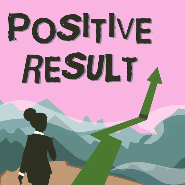 Bildunterschrift: Positives Ergebnis. Konzept bedeutet, dass eine Person die Krankheit, Krankheit oder den Biomarker Lady Walking To Mountains With An Arrow Marking Success hat — Stockfoto