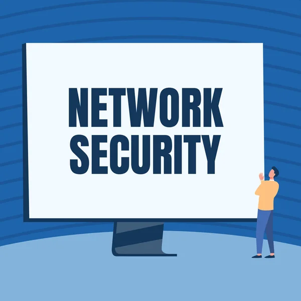 Handwriting text Network Security. Internet Concept practice of securing a computer web from intruders Man Standing Drawing Looking At Large Monitor Display Showing News. — Stock Photo, Image