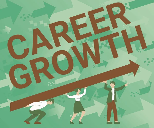 Sign displaying Career Growth. Business showcase Development Ambitions Attainment Motivation Progress in company Four Colleagues Drawing Standing Holding Large Arrow For Success. — Stock Photo, Image