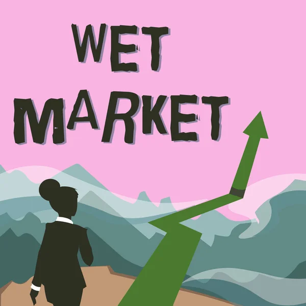 ウェットマーケットを示すテキストキャプション。新鮮な肉魚製品やその他の生鮮食品を販売するビジネスアイデア市場アローマーキングの成功と山に向かって歩く女性 — ストック写真