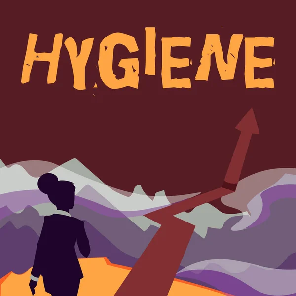 Conceptual display Hygiene. Business approach study of science of the establishment and maintenance of health Lady Walking Towards Mountains With An Arrow Marking Success — Foto Stock