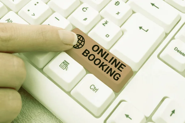 Text sign showing Online Booking. Business overview allows consumers to reserve for activity through the website Retyping Download History Files, Typing Online Registration Forms — Stockfoto