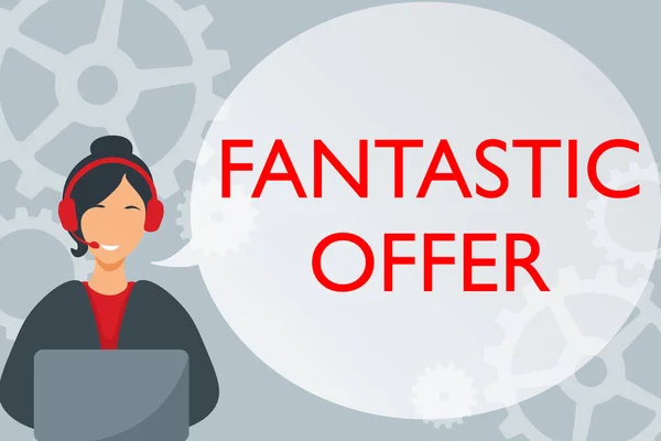 Text caption presenting Fantastic Offer. Word for a marketing strategy which helps in captivating more customers Lady Call Center Illustration With Headphones Speech Bubble Conversation. — 图库照片