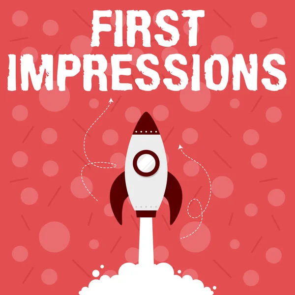 Ручной знак "Первые впечатления". Бизнес-презентация событий, когда один человек встречает другого человека Иллюстрация ракетного корабля, запускающего ракету прямо в космос. — стоковое фото
