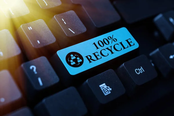 テキストの表示100%リサイクル。生分解性、 BPAフリー、堆肥化可能なリサイクル可能なWord処理プログラムのアイデア、ログプログラミングの更新概念 — ストック写真