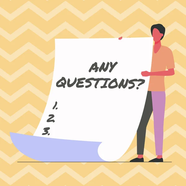 Text sign showing Any Questions Question. Business overview Allowing any interrogative statement from a group of Man Standing Holding Large Blank Paper Showing New Meaning And Message. — Stock Photo, Image