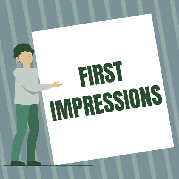 Conceptual caption First Impressions. Word Written on events when one person encounters another person Man Standing Drawing Holding Presenting Huge Blank Paper. — Stock Photo, Image