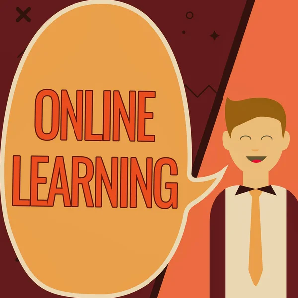 Εννοιολογική απεικόνιση Online Learning. Word Written on taking a course that can be access through the Internet Εικονογράφηση του επιχειρηματία Παρουσιάζοντας Ιδέες σε κενό σύννεφο συνομιλίας. — Φωτογραφία Αρχείου