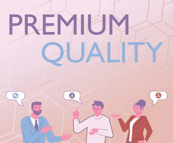 Leyenda conceptual Calidad Premium. Idea de negocio una marca que alcanza el grado de los socios más altos del estándar que chatean que construyen nuevas ideas maravillosas para la mejora de habilidades. —  Fotos de Stock