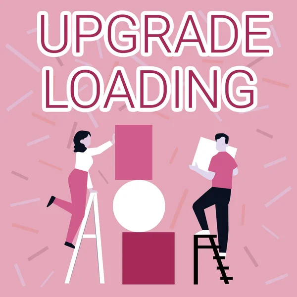 Text showing inspiration Upgrade Loading. Business idea advancement of applications to more improved tools Couple Drawing Using Ladder Placing Big Empty Picture Frames To A Wall. — Stockfoto