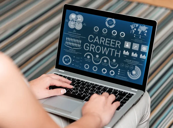 Handwriting text Career Growth. Word for Development Ambitions Attainment Motivation Progress in company Woman Sitting With Laptop Upper Back View Working From Home. — Stockfoto