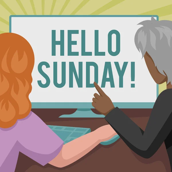 Text sign showing Hello Sunday. Business idea inspired positive greeting for having a happy weekend Couple Drawing Using Desktop Computer Accomplishing Their Work. — 图库照片