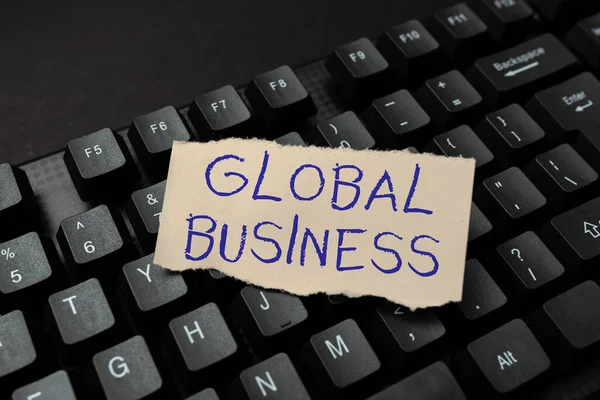 Podpis koncepcyjny Global Business. Koncepcja biznesowa Handel i system biznesowy firma robi na całym świecie Pisanie reklamacji w mediach społecznościowych, Raportowanie złych zachowań online — Zdjęcie stockowe