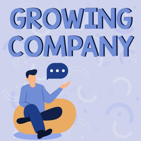 Hand writing sign Growing Company. Word for a business firm that is still undergoing a development Illustration Of Businessman Sitting On Soft Sofa Chair Talking. - Stock-foto