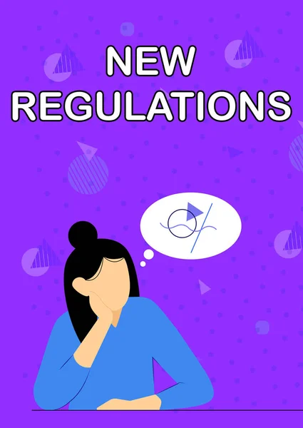 Text caption presenting New Regulations. Business idea latest established laws enforced by government or authority Illustration Of Lady Thinking Deeply Alone For New Amazing Tactical Ideas. — Stockfoto