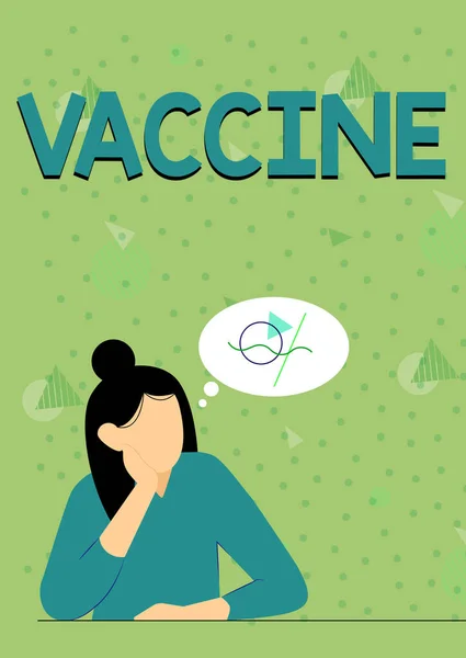 Sign displaying Vaccine. Concept meaning preparation of killed microorganisms or living attenuated organisms Illustration Of Lady Thinking Deeply Alone For New Amazing Tactical Ideas. — Fotografia de Stock