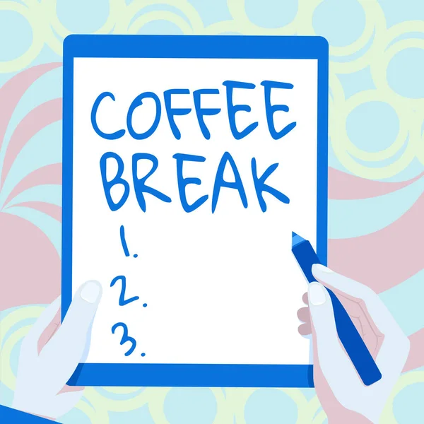 Text caption presenting Coffee Break. Word Written on short time allotted for drinking coffee without doing any work Drawing Of Both Hands Holding Tablet Lightly Presenting Wonderful Ideas — Fotografia de Stock