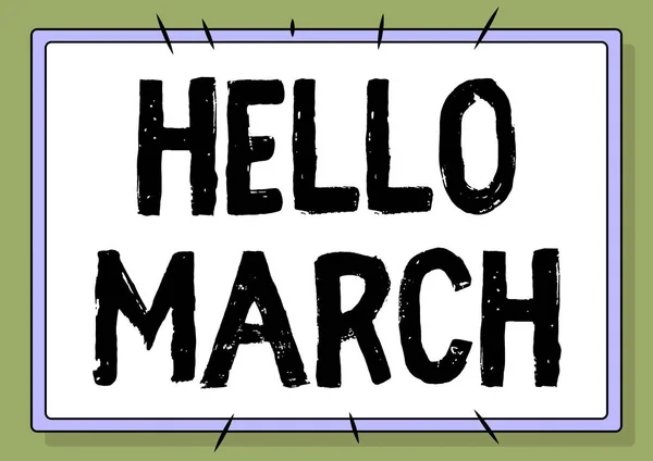 Text showing inspiration Hello March. Word Written on a greeting expression used when welcoming the month of March Line Illustrated Backgrounds With Various Shapes And Colours. — Stockfoto