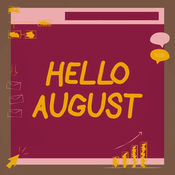 영감을 담은 문자 Hello August. 이 사회의 메시지받기 및 개선을 찾는 계절의 예 (Illustration of Board Receiving messages and Searching Improvements) 에 대한 긍정적 인 인사를 위한 단어. — 스톡 사진