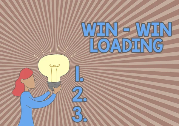 Señal mostrando Ganar ganar Cargando. Idea de negocio ventajosa o satisfactoria para todas las partes involucradas Lady Standing Drawing Holding Light Up Showing New Ideas. — Foto de Stock