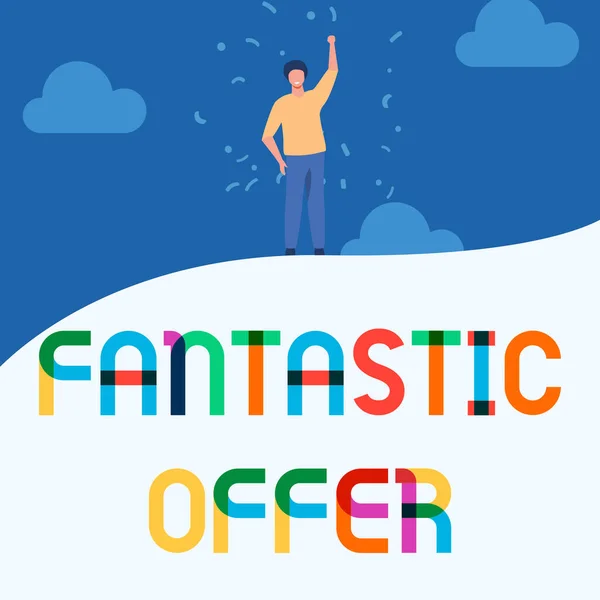 Text showing inspiration Fantastic Offer. Concept meaning a marketing strategy which helps in captivating more customers Man Drawing Raising Hand Sky Standing Hill Showing Success. — Fotografia de Stock