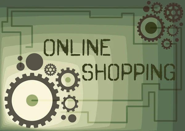 Inspiráló szöveg Online vásárlás. Üzleti ötlet e-kereskedelem, amely lehetővé teszi a fogyasztó számára, hogy árut vásároljon az interneten keresztül Az egymáshoz kapcsolódó mechanikus fogaskerekek illusztrációja Munka végzése — Stock Fotó