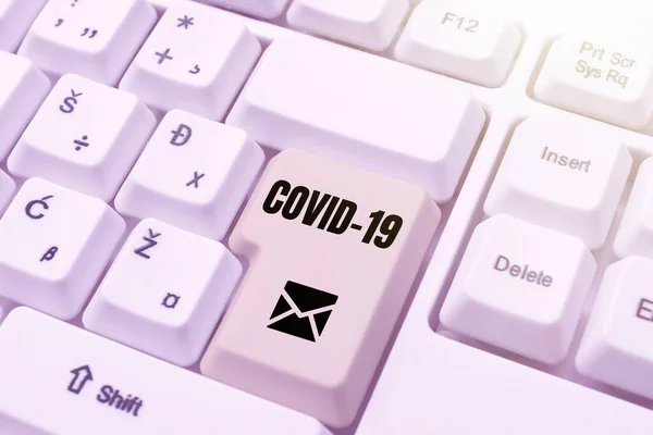 Text sign showing Covid19. Internet Concept mild to severe respiratory illness that is caused by a coronavirus Buying And Selling Goods Online, Listing Products Through Internet — Stock Photo, Image