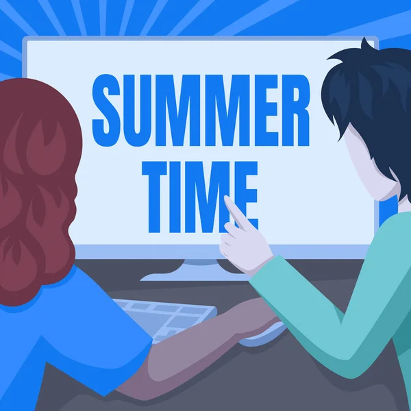 Hand writing sign Summer Time. Business idea the hottest season of the year characterized by short nights Couple Drawing Using Desktop Computer Accomplishing Their Work. — Stockfoto