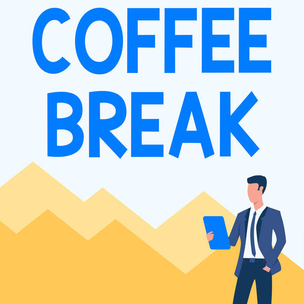 Inspiration showing sign Coffee Break. Internet Concept short time allotted for drinking coffee without doing any work Man In Uniform One Hand In Pocket Standing Holding Computer Tablet.