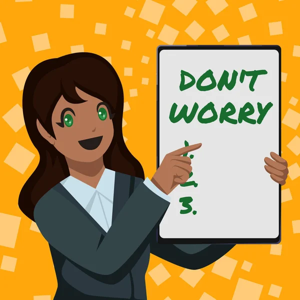Handwriting text Do not dont Worry. Word Written on indicates to be less nervous and have no fear about something Business Woman Drawing Holding Blank White Board Presenting Announcements — Fotografia de Stock