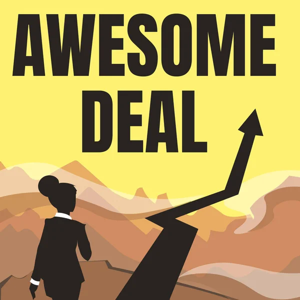 Text sign showing Awesome Deal. Business approach impressive agreement given to other party for mutual benefit Lady Walking Towards Mountains With An Arrow Marking Success — Fotografia de Stock