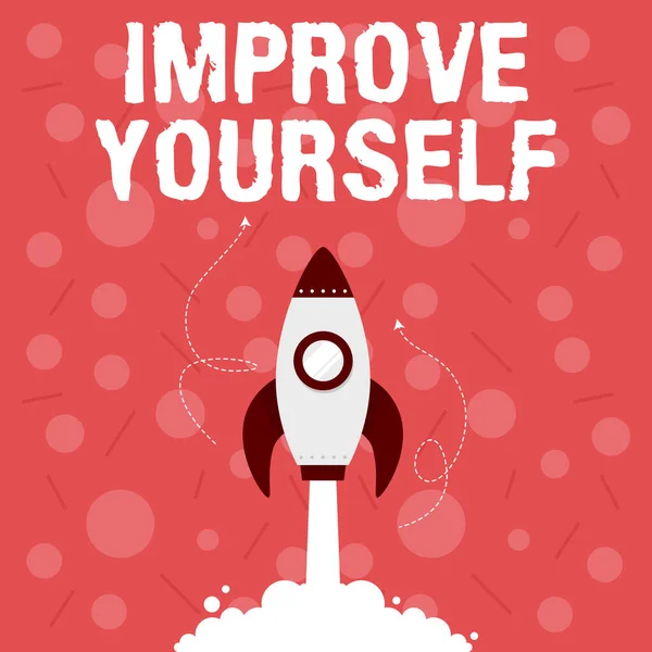 Text caption presenting Improve Yourself. Business showcase to make your skills looks becoming a better person Illustration Of Rocket Ship Launching Fast Straight Up To The Outer Space. — Fotografia de Stock