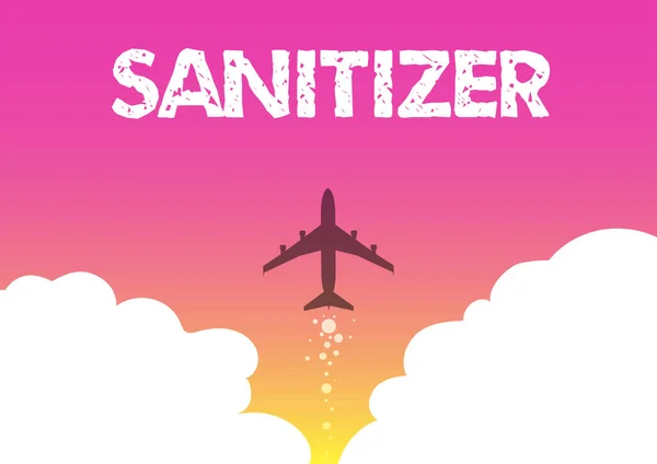Håndskriftsskilt, Sanitizer. Ord skrevet på væske eller gel, vanligvis brukt til å redusere smittestoffer Illustrasjon av fly som lanseres raskt rett opp i himmelen. – stockfoto