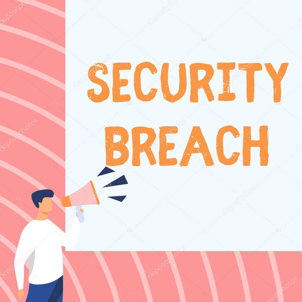 Text caption presenting Security Breach. Concept meaning unauthorized access of data gained by a malicious intruder Businessman Drawing Talking Through Megaphone Making New Announcement.
